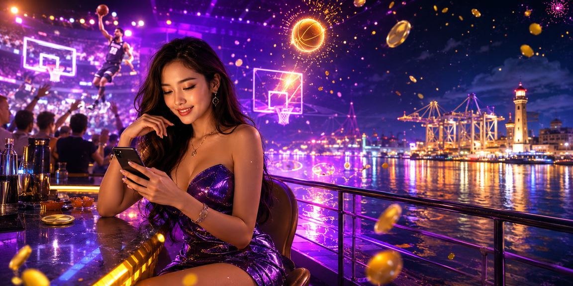 Màn hình cược bóng rổ ban đêm tại Vũng Tàu với hiệu ứng ánh sáng neon rực rỡ